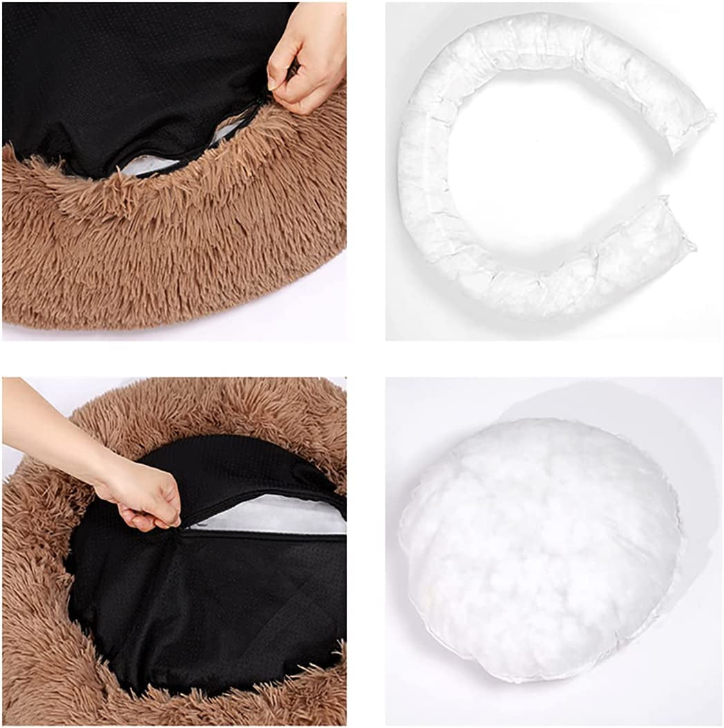 Detachable Original Calming Donut Cat and Dog Bed 28'' Luxury Shag Long Fur Cuddler Machine Washable&Self Warming Indoor round Pet Pillow Bed for Small Pets (L-28287Inch, Grey)