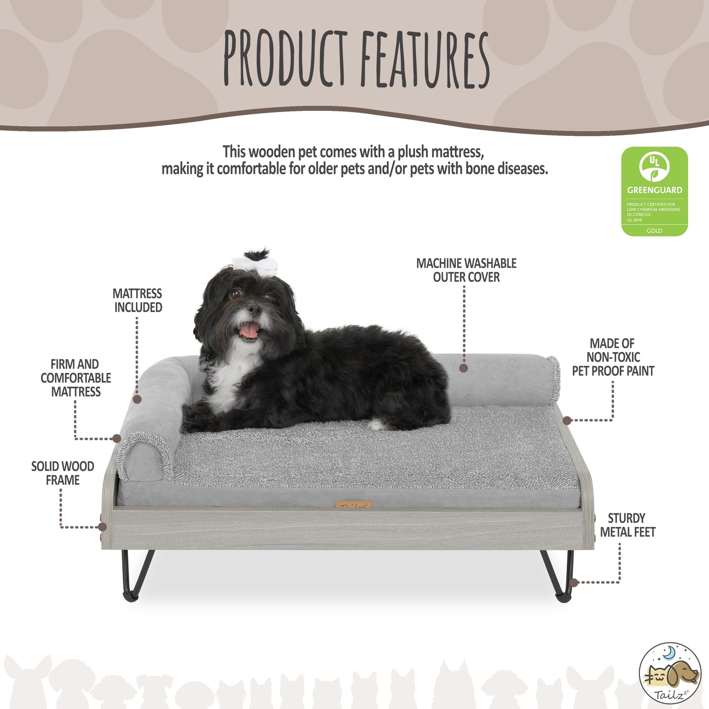 Asher Small Wooden Elevated Pet Bed with Mattress, Greenguard Gold Certified