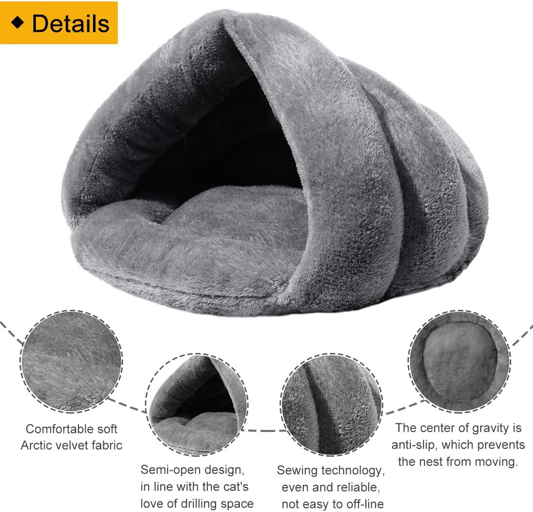 Soft Warm Cat Bed for Winter Cat Tent Self-Warming Sleeping Bed for Cats Fleece Pet Cave Bed for Winter Pets Puppy Indoor Pet Triangle Nest (Grey)