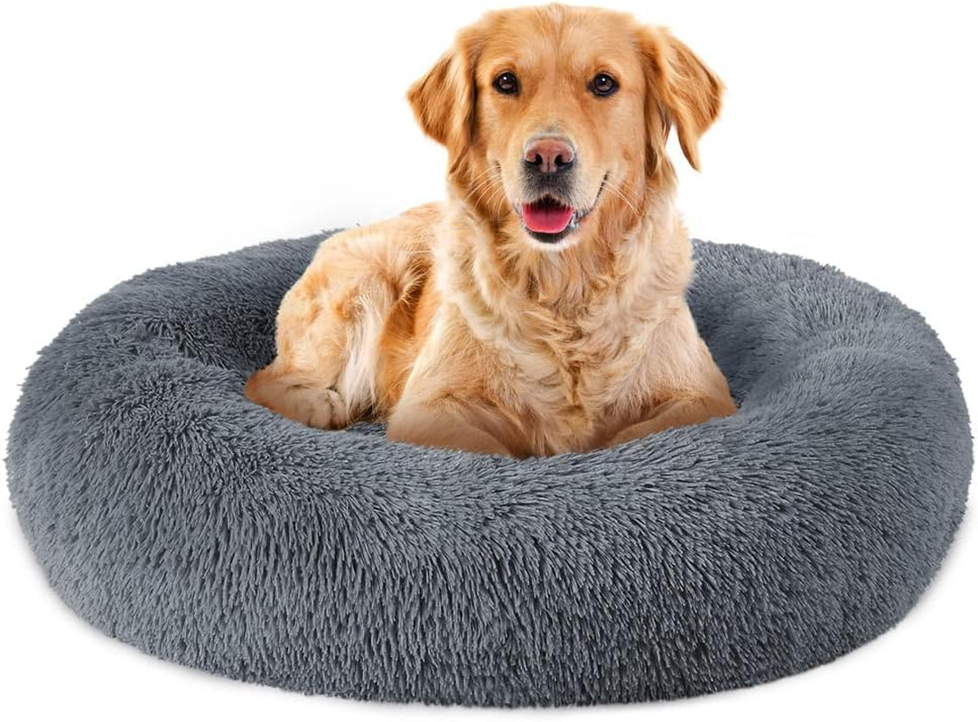 Detachable Original Calming Donut Cat and Dog Bed 28'' Luxury Shag Long Fur Cuddler Machine Washable&Self Warming Indoor round Pet Pillow Bed for Small Pets (L-28287Inch, Grey)