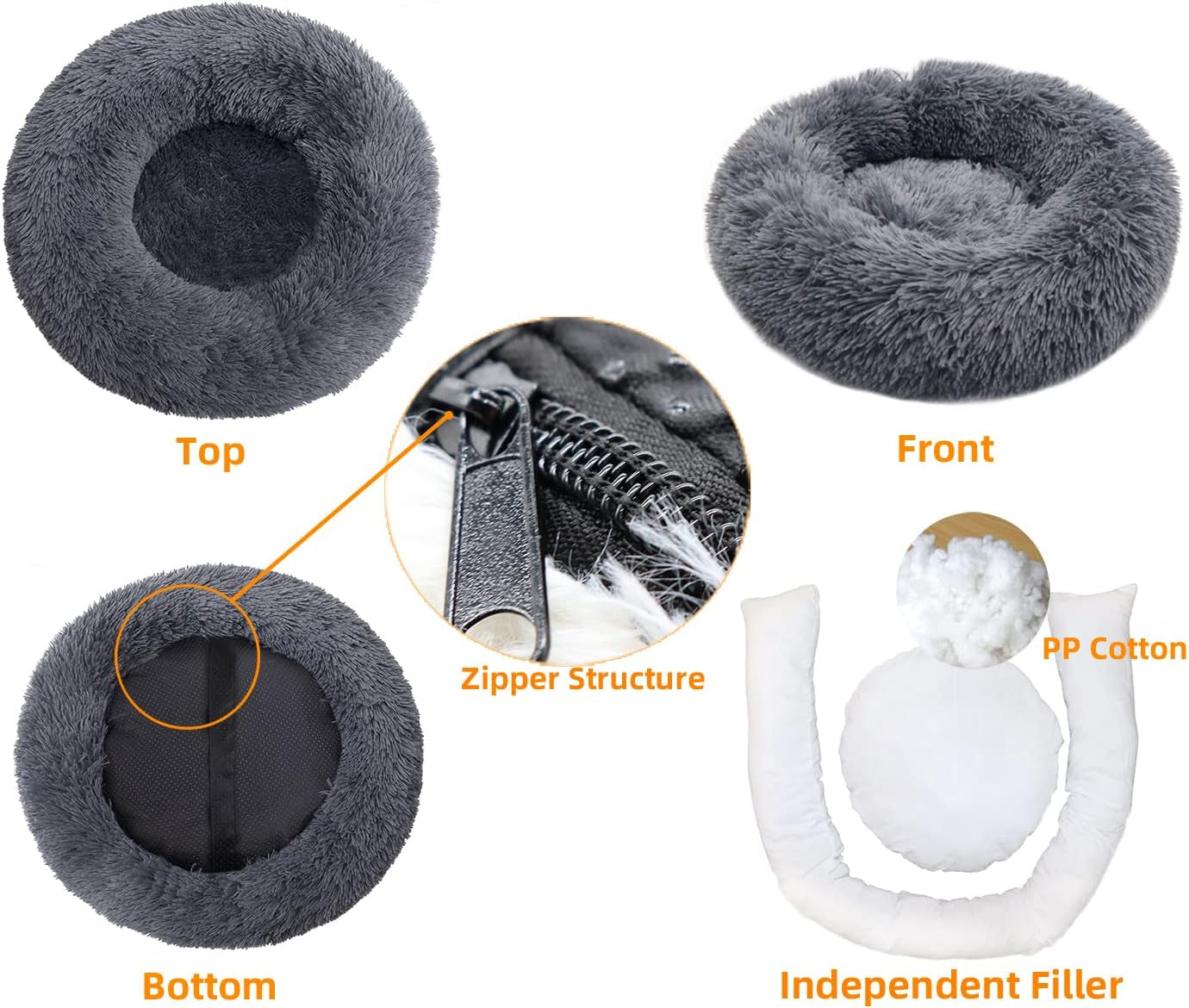 Detachable Original Calming Donut Cat and Dog Bed 28'' Luxury Shag Long Fur Cuddler Machine Washable&Self Warming Indoor round Pet Pillow Bed for Small Pets (L-28287Inch, Grey)