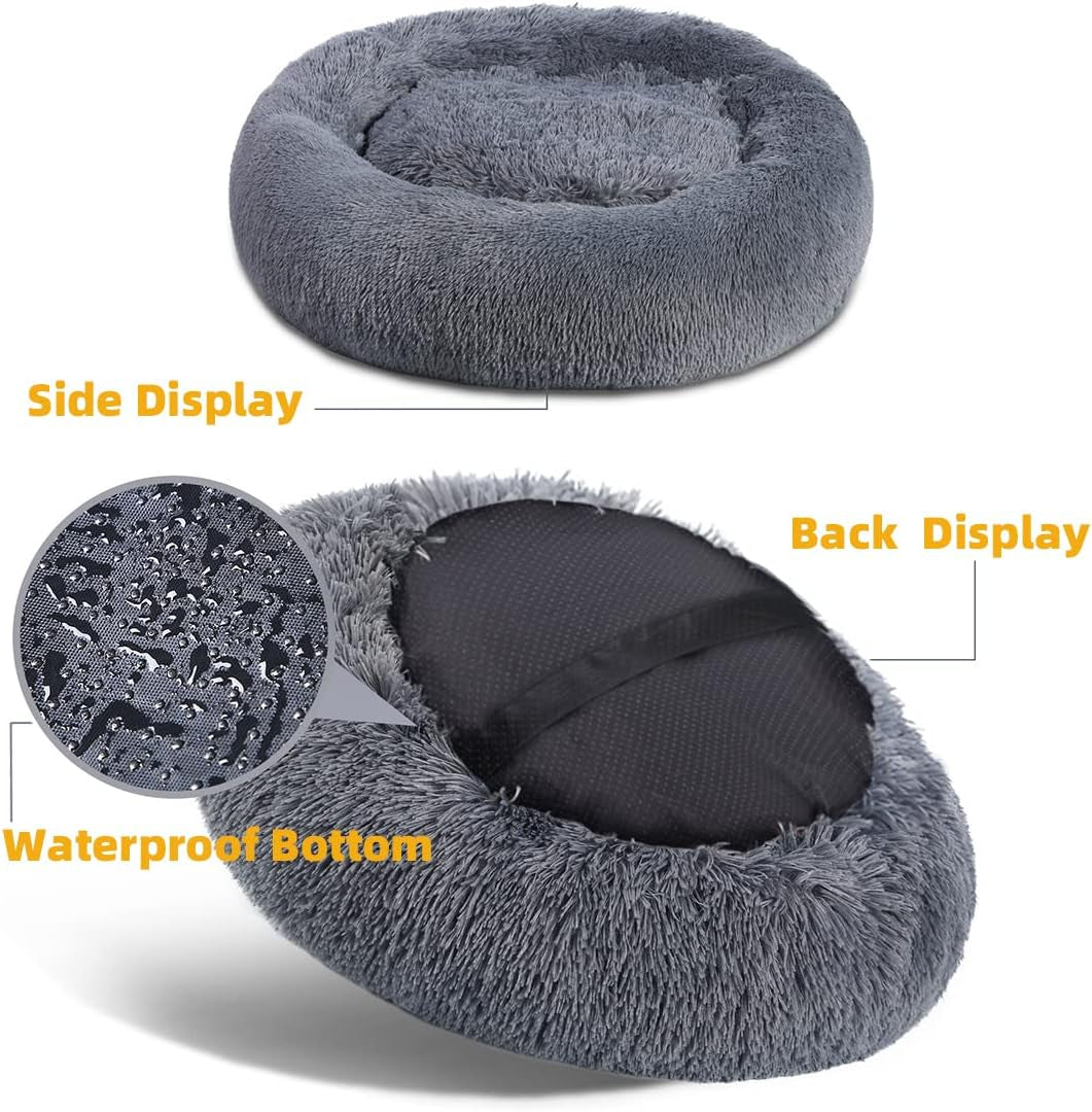 Detachable Original Calming Donut Cat and Dog Bed 28'' Luxury Shag Long Fur Cuddler Machine Washable&Self Warming Indoor round Pet Pillow Bed for Small Pets (L-28287Inch, Grey)