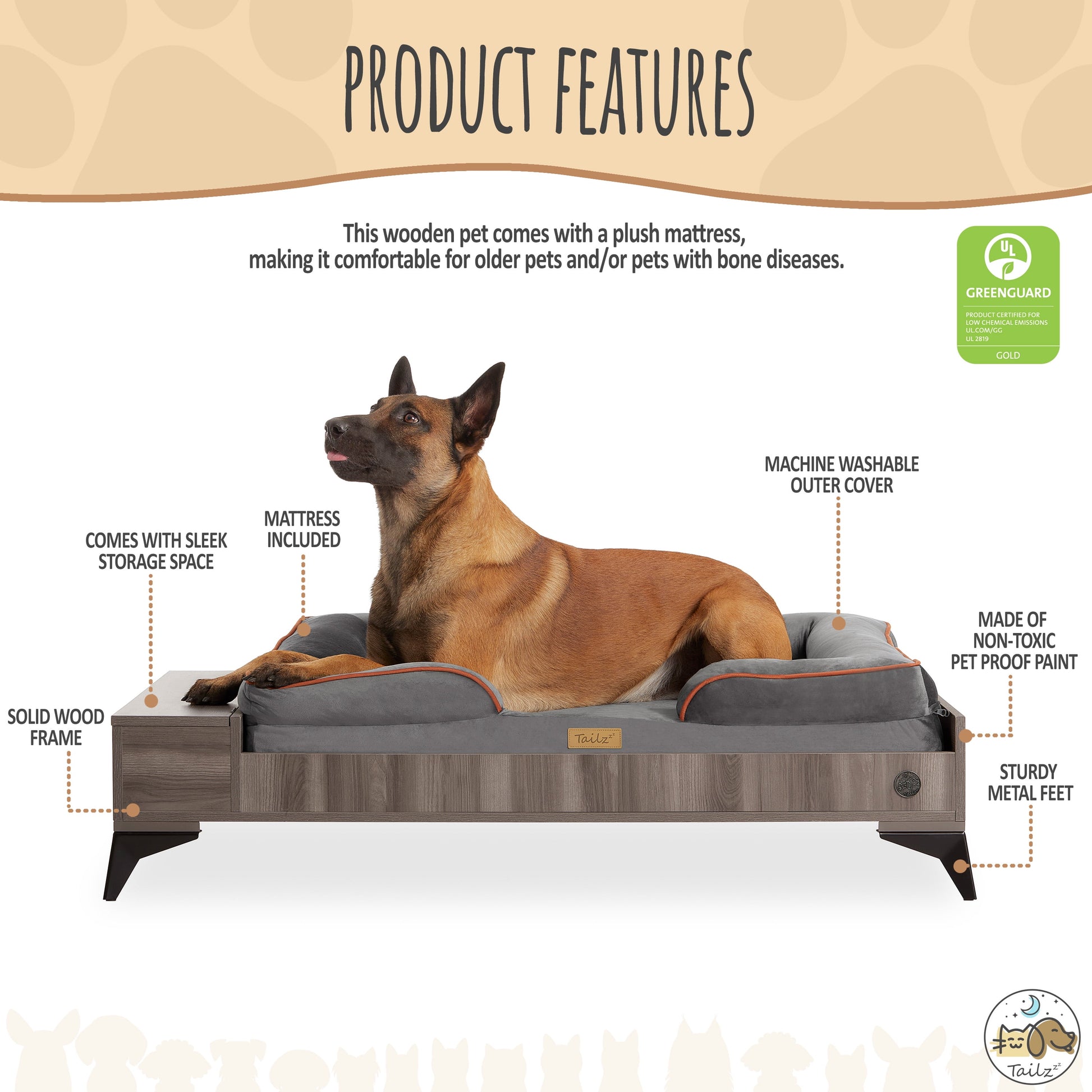 Wyatt Wooden Pet Bed with Mattress | Large to Extra Large Greenguard Gold Certified Dog Bed