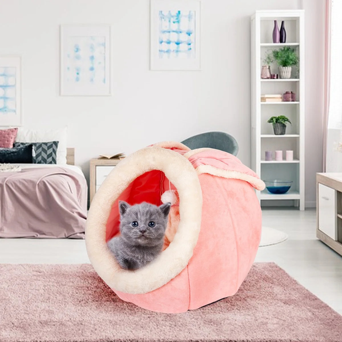 Cat Bed Cave Cat House Bed Pet Bed with Cushion for Small Medium Indoor Cats Dogs Pink