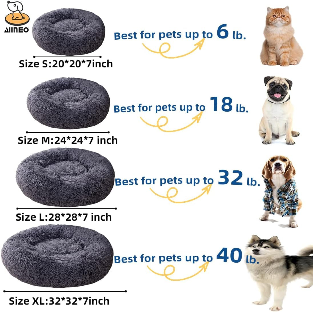 Detachable Original Calming Donut Cat and Dog Bed 28'' Luxury Shag Long Fur Cuddler Machine Washable&Self Warming Indoor round Pet Pillow Bed for Small Pets (L-28287Inch, Grey)